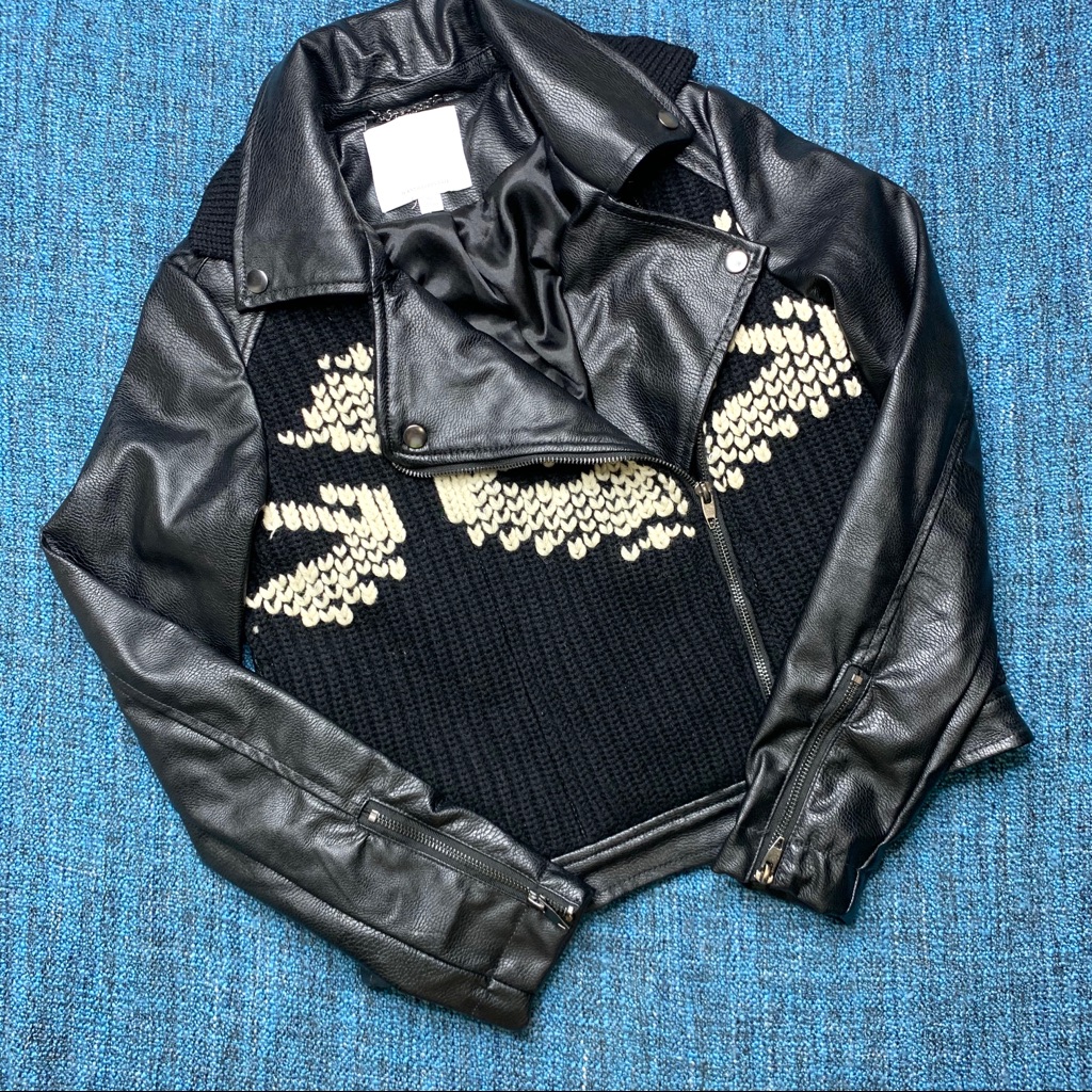 Anthropologie Ett:Twa Sweater-Trimmed Faux Leather Moto Jacket In Black Size Xs